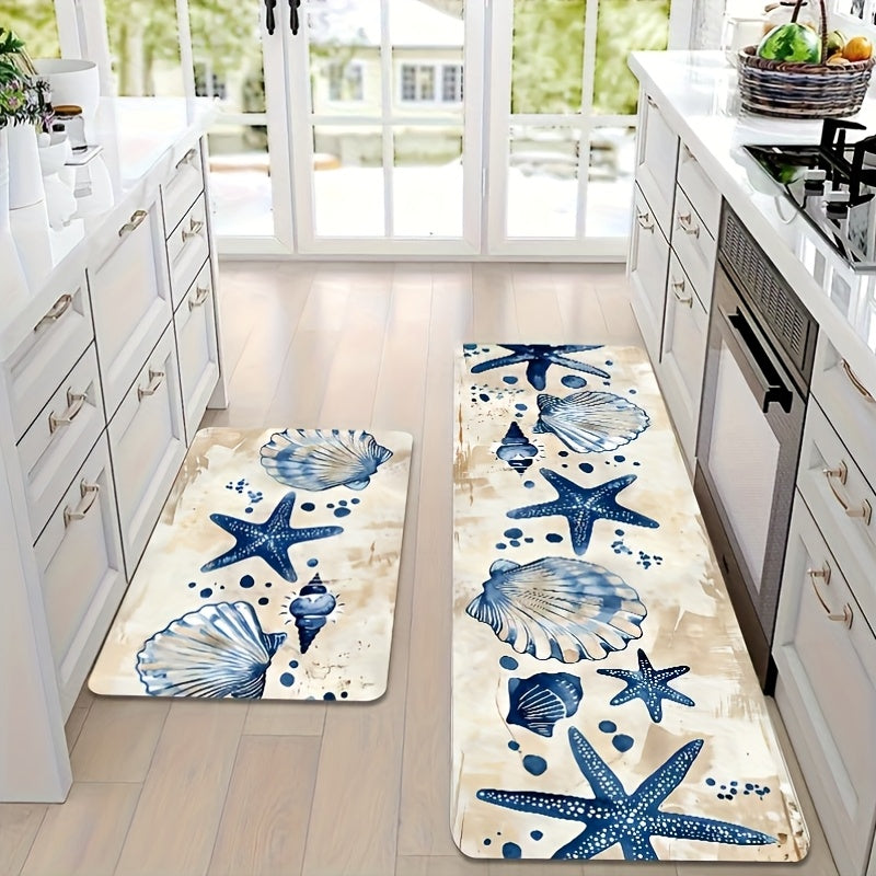 Starfish & Shell Pattern Kitchen Rug – Washable & Durable, 1.5'x2' / 2'x2.5' / 1.5'x4'