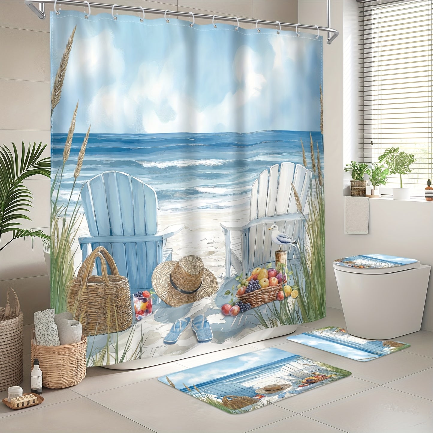 4-Piece Coastal Beach Shower Curtain Set – Blue & White Adirondack Chairs (71x71")