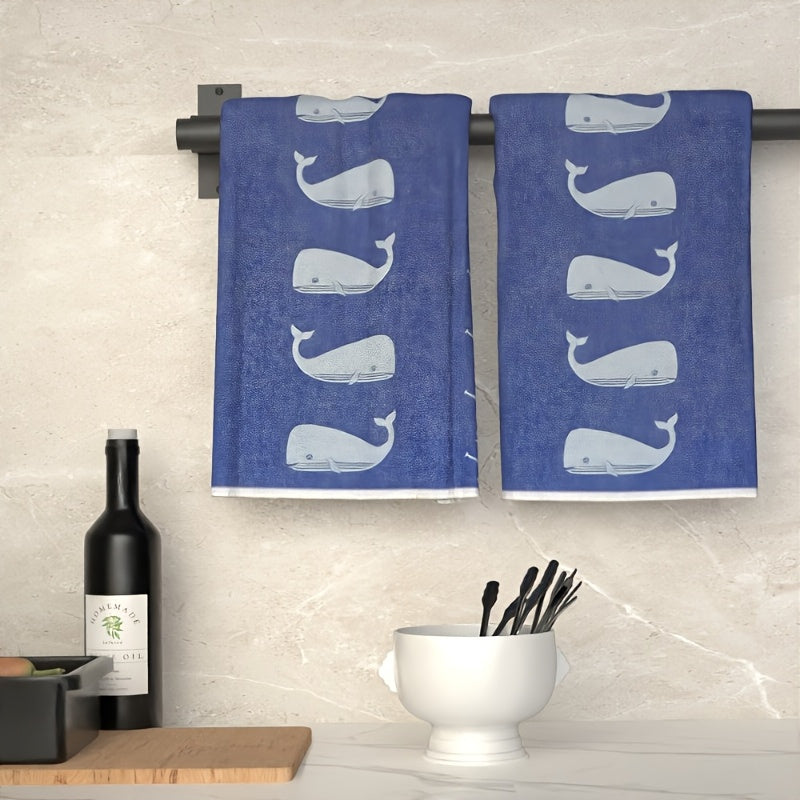 2-Piece Whale Nautical Hand Towel Set – Blue Whale Design, 16x24 Inches