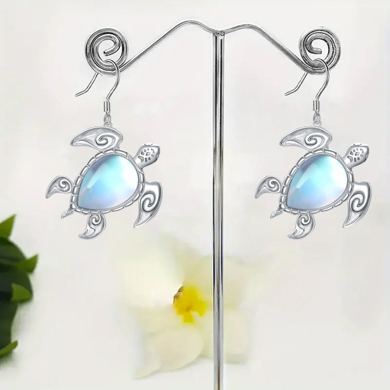 2-Piece Sea Turtle Pendant Earrings with Blue Gemstone