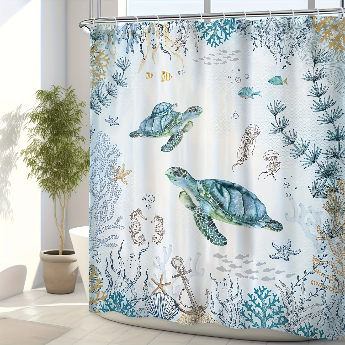 4-Piece Blue Coastal Nautical Bathroom Set – Fish, Coral & Sea Turtle Design