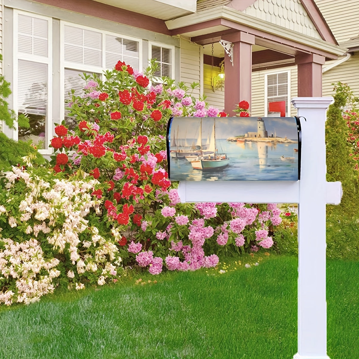 Sea View Sailboats & Lighthouse Mailbox Cover