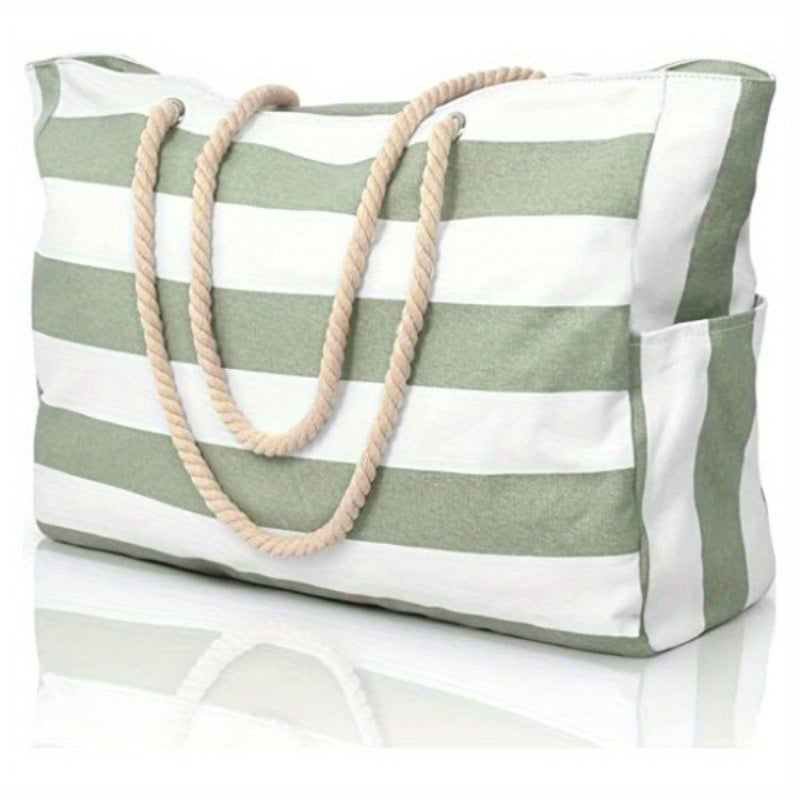 Green and White Striped Lightweight Foldable Beach Tote