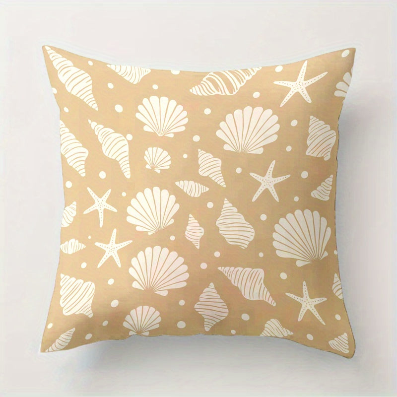 Retro Marine Throw Pillow Covers – Starfish & Shells, Beige, Gold & White, 18x18"
