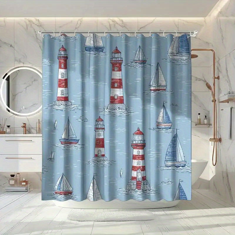 Lighthouse & Sailboat Nautical Shower Curtain – 70.87 x 70.87", Includes 12 Hooks