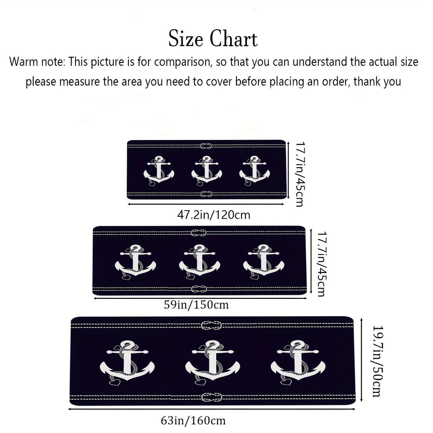 Navy Blue Nautical Anchor Runner Mat – Soft Flannel, Non-Slip, Machine Washable, 5'x1.5'