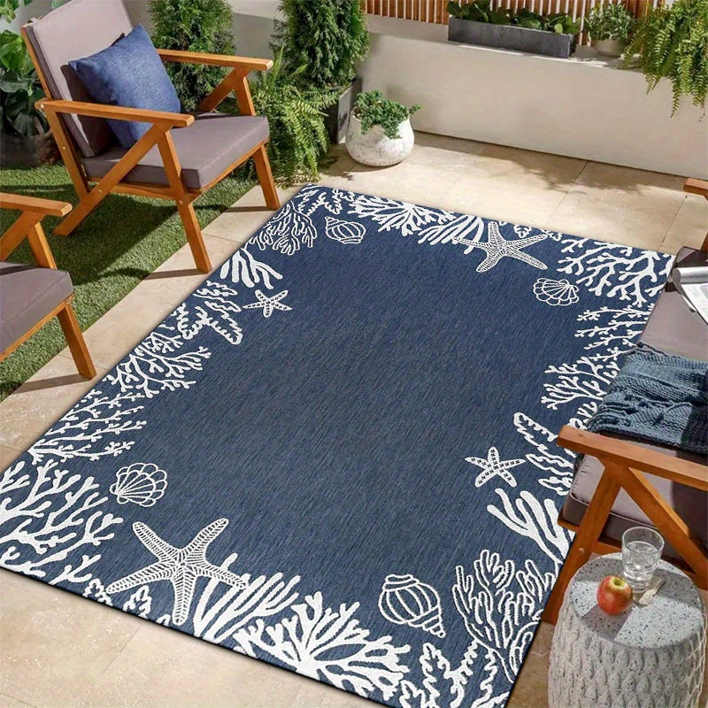 Blue Starfish & Shell Outdoor Mat – Non-Slip, Washable Coastal Decor, 3'x5'/ 4'x6' / 5'x7.5'