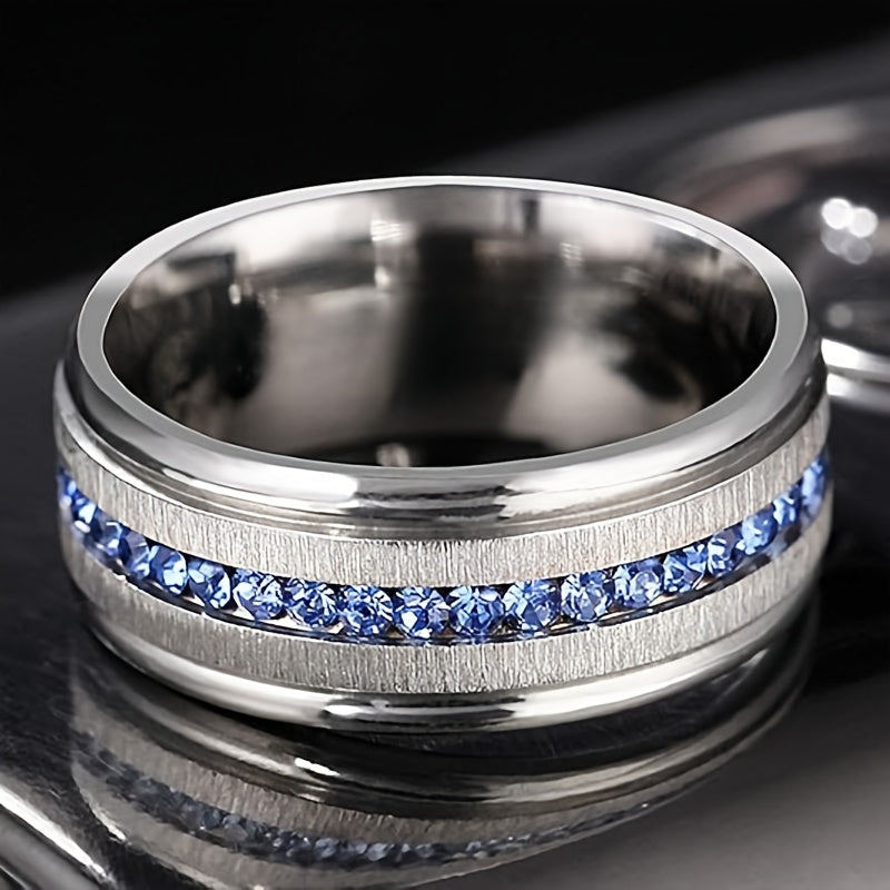 Stainless Steel Men’s Ring with Blue Rhinestones – Size 13