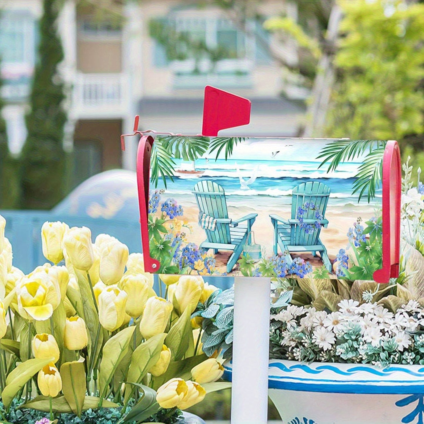 Tropical Beach Magnetic Mailbox Cover, 18x21" – Palm Trees & Ocean Waves