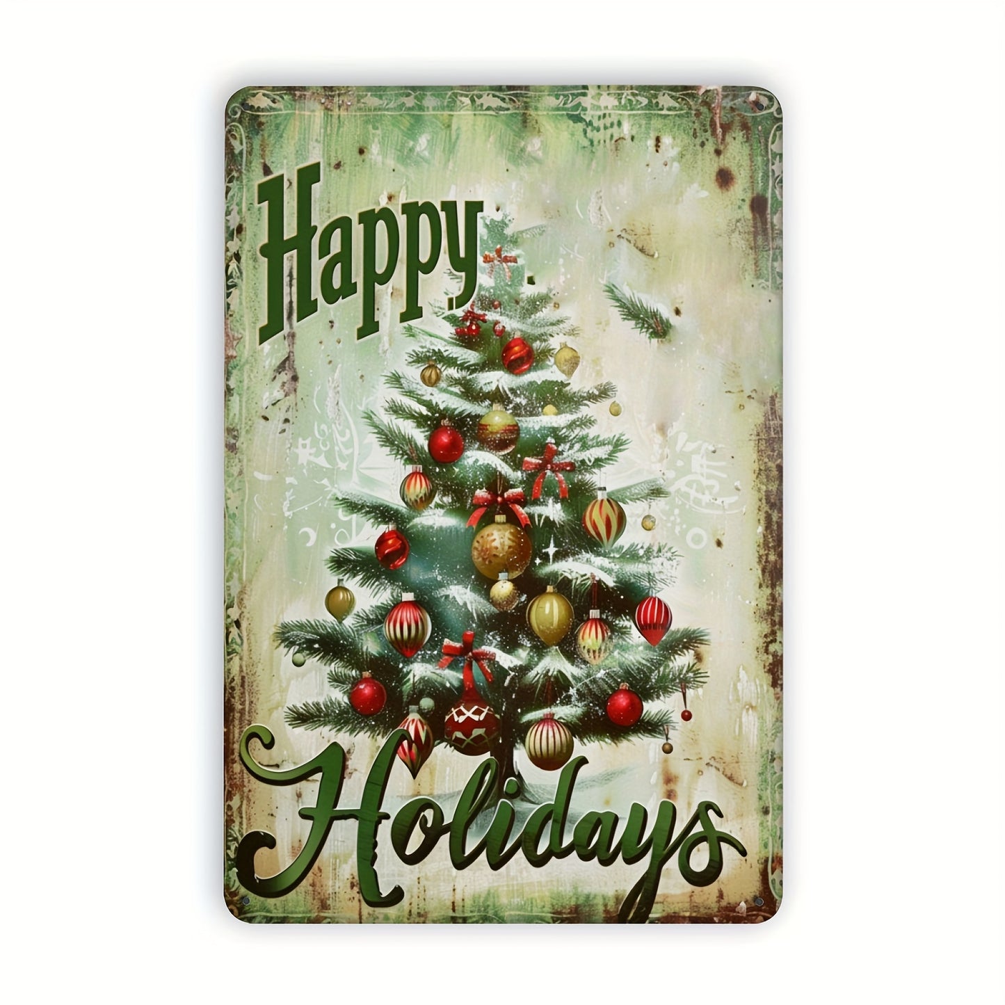 Vintage Christmas tree metal sign with "Happy Holidays" text for festive holiday home décor – 8x12".