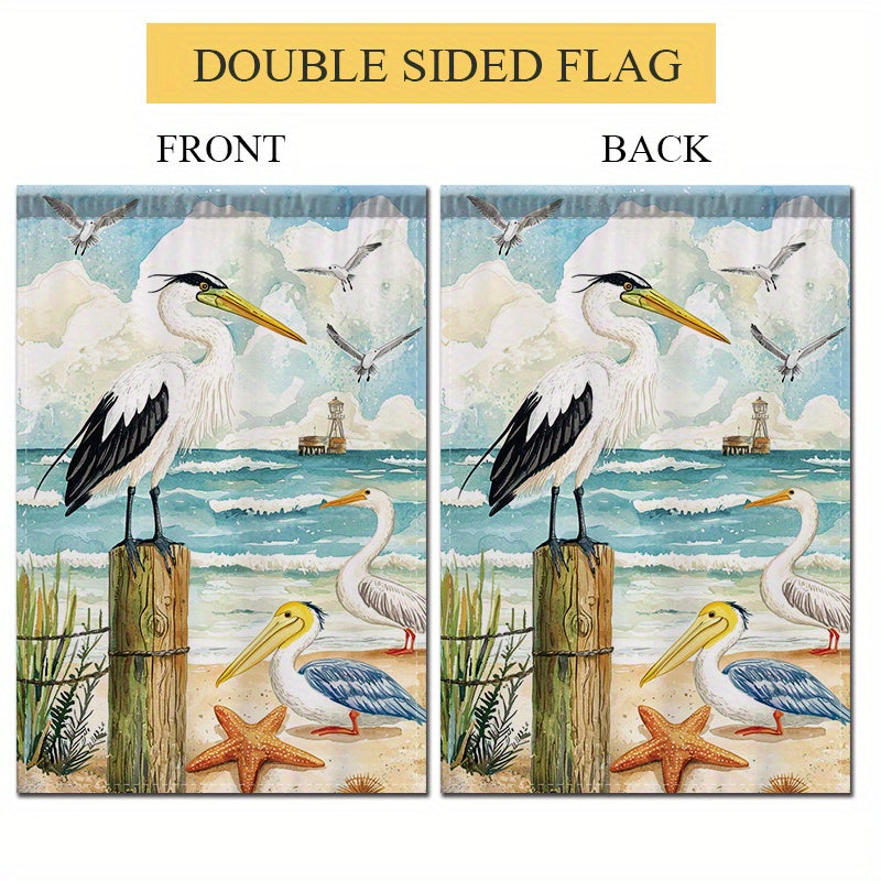 Double-Sided Garden Flag – Coastal Beach Scene with Herons & Pelicans (12"x18")