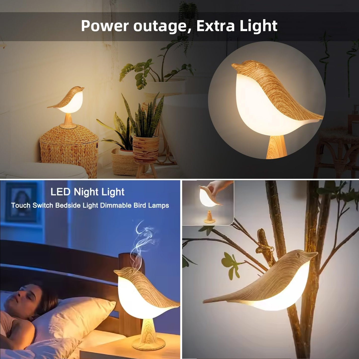 Rechargeable Birdwood Night Light with USB Charging, 3-Color Dimmable Touch Control, Aromatherapy-Compatible