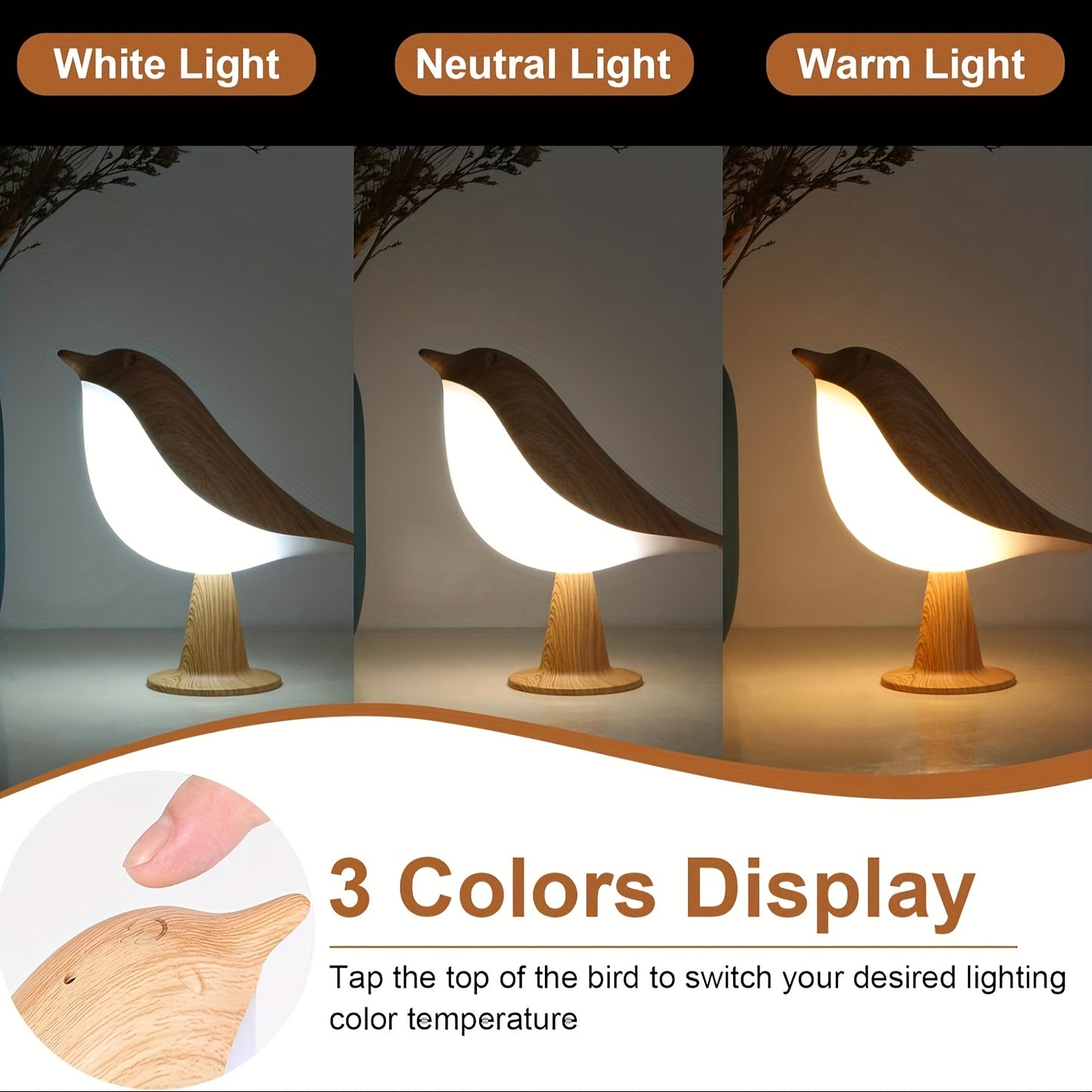 Rechargeable Birdwood Night Light with USB Charging, 3-Color Dimmable Touch Control, Aromatherapy-Compatible