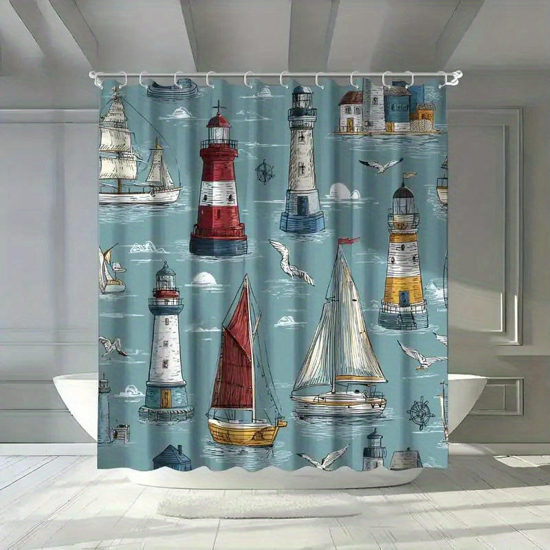 Lighthouse & Sailboat Nautical Shower Curtain – 70.87 x 70.87", Includes 12 Hooks