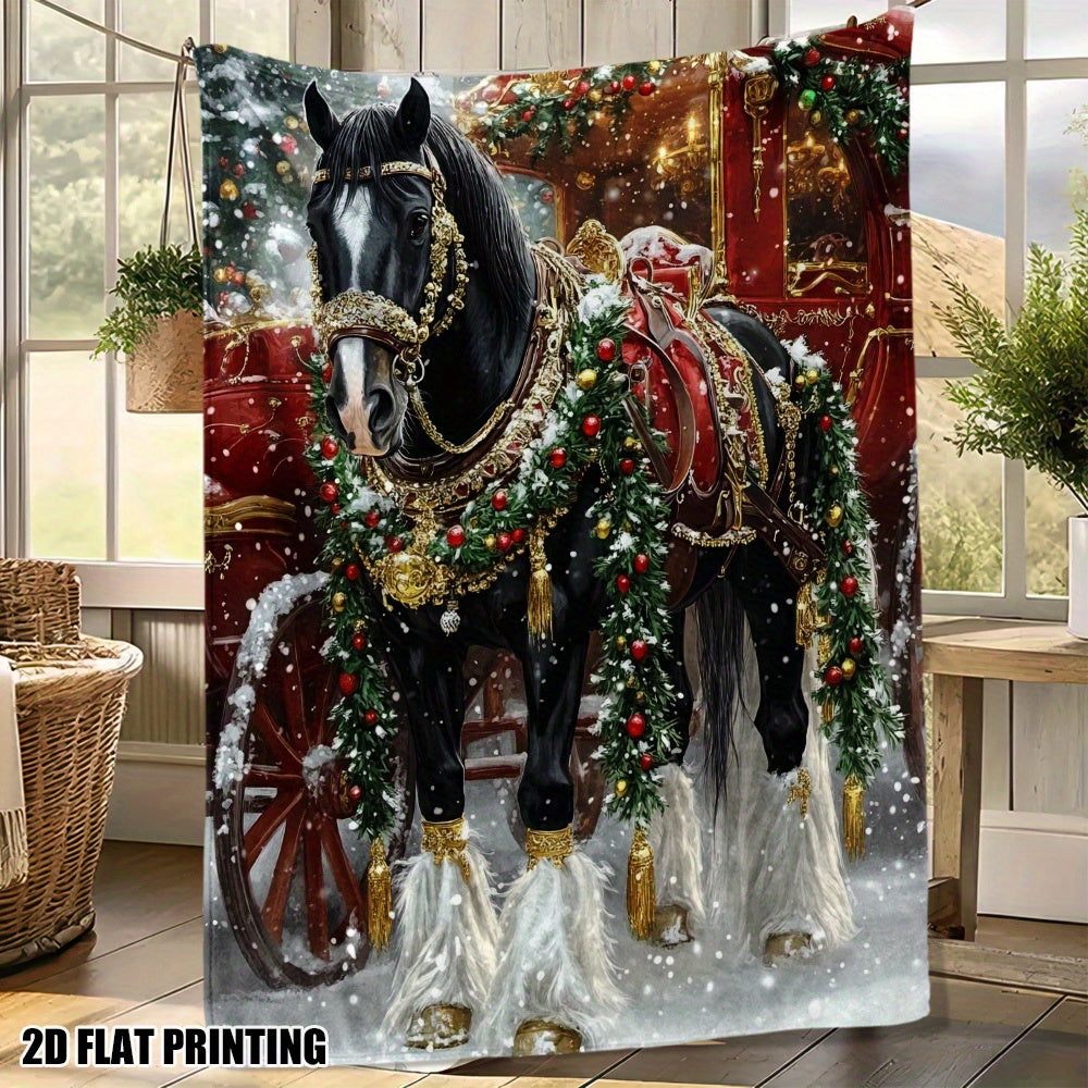 Soft Holiday Horse Throw Blanket – Black Horse with Golden Bridle, 51x59 Inches