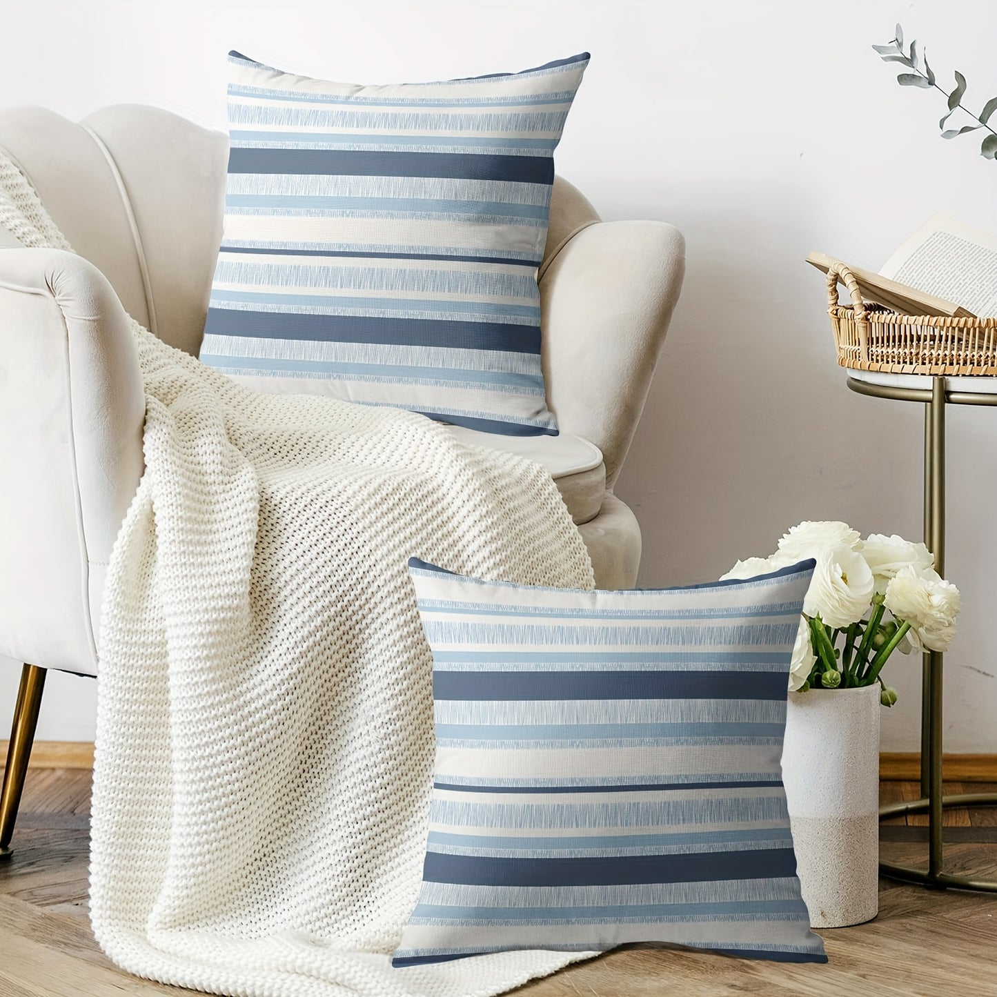 Linen Coastal Striped Pillow Covers – Light Blue & White Nautical Design, 18x18"