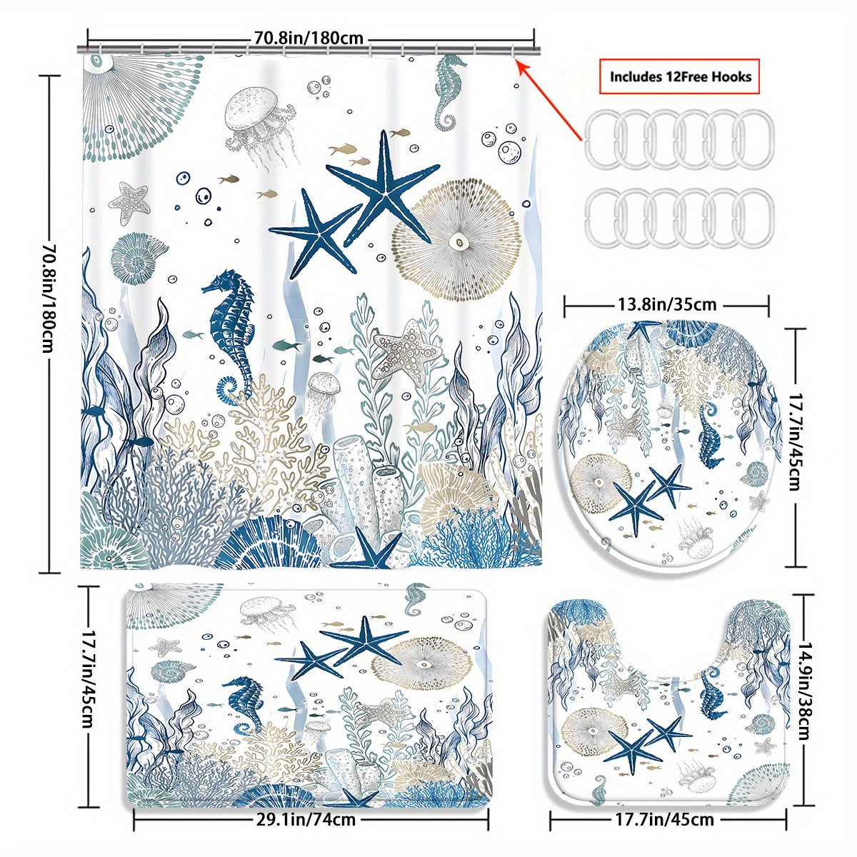 4-Piece Blue & White Marine Life Bath Set – Curtain, Mats & Hooks Included