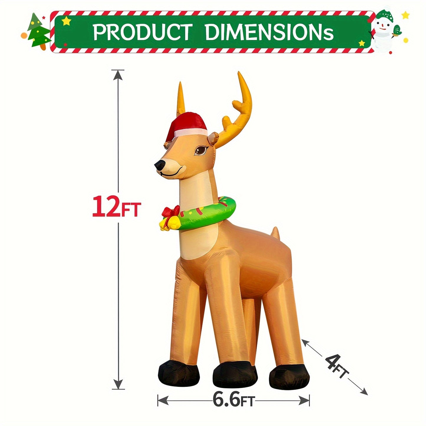 12ft Huge Christmas Inflatable Reindeer – Outdoor Holiday Decoration with LED Lights
