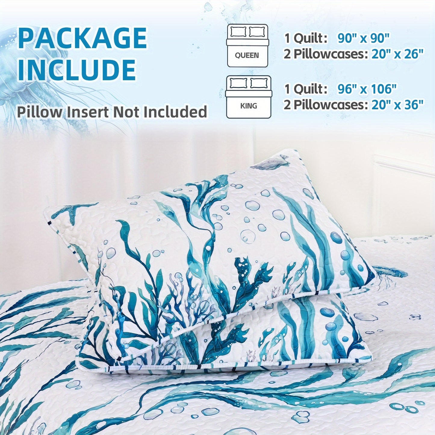 Ocean-Themed Reversible Quilt Set – 3-Piece Queen & King Bedding