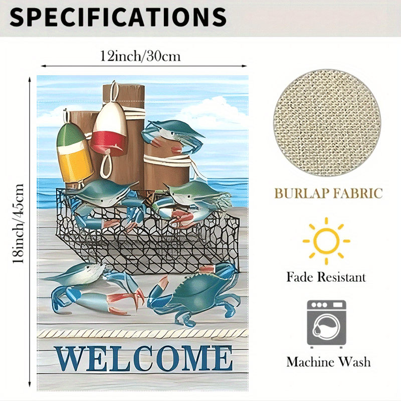 “Welcome” Fishing Crab Garden Flag – Double-Sided Coastal Burlap