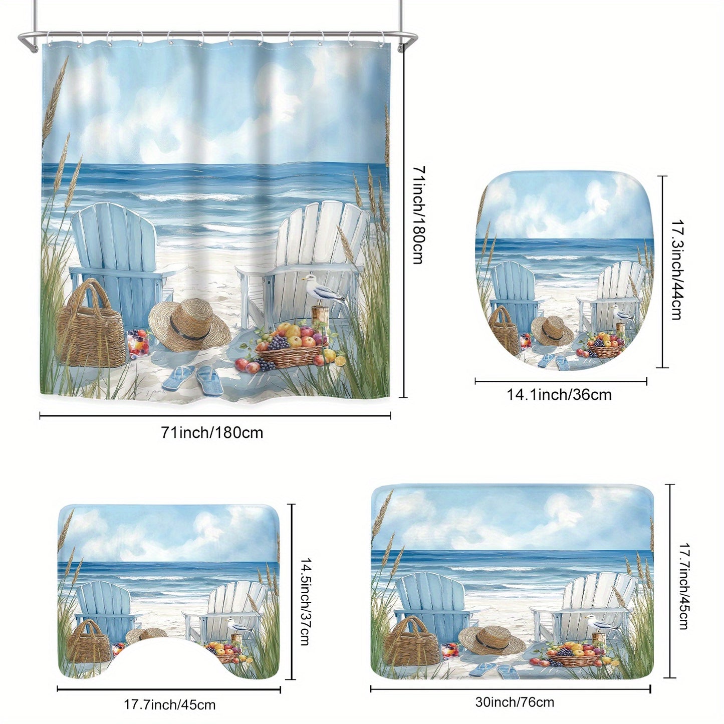 4-Piece Coastal Beach Shower Curtain Set – Blue & White Adirondack Chairs (71x71")