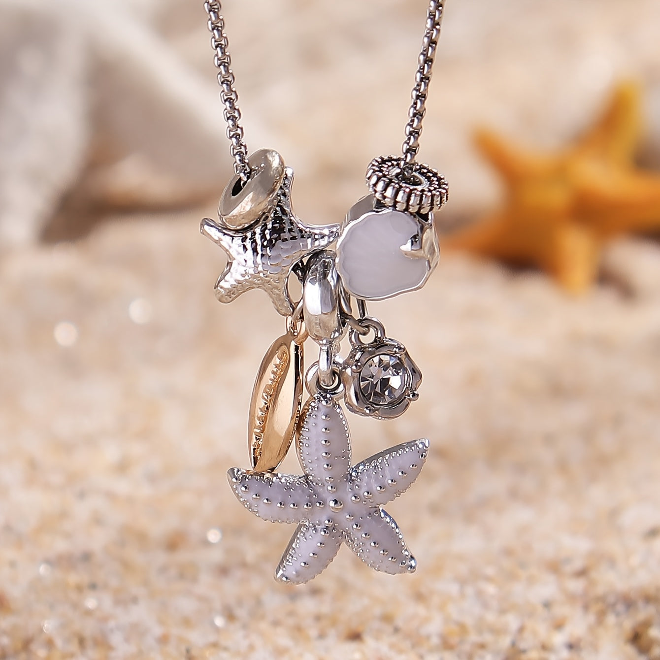 Starfish & Seashell Pendant Necklace – Rhinestone Accent