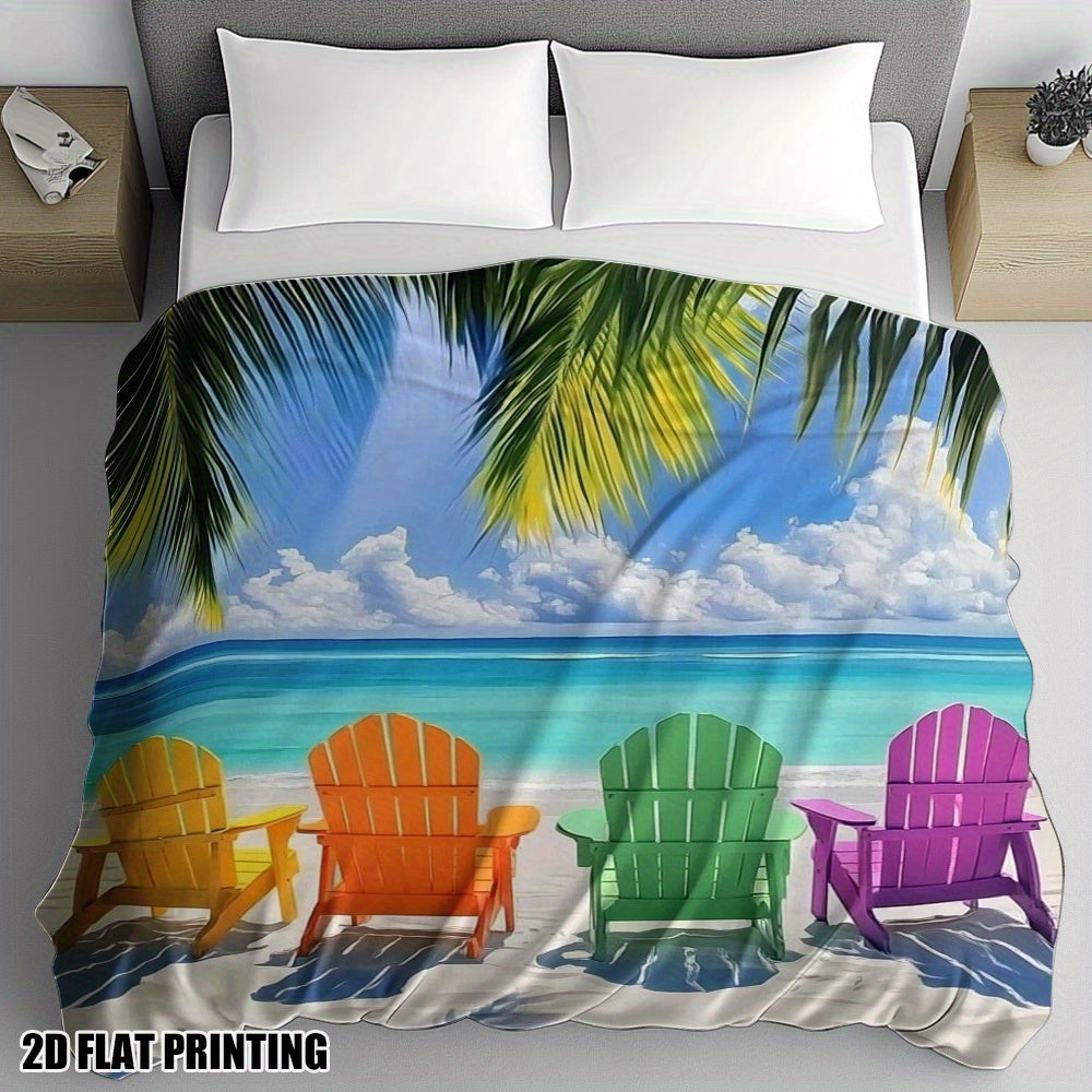 Vibrant Adirondack Chairs & Palm Tree Design Flannel Throw Blanket – 51x59"