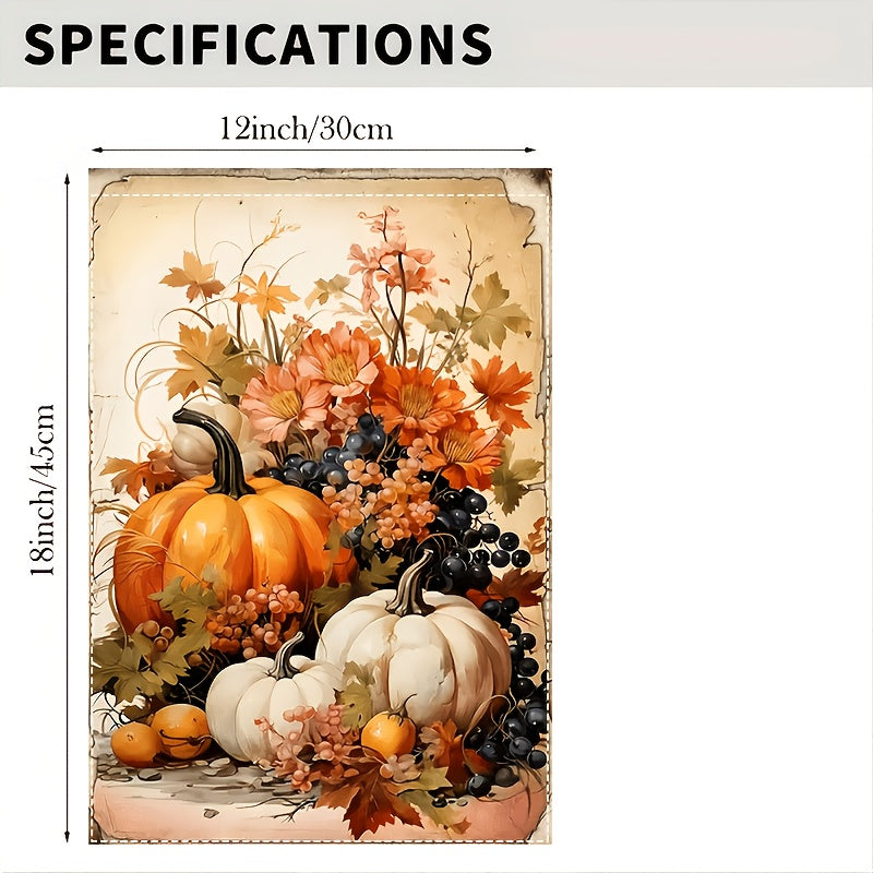 Vibrant 12x18 inch polyester garden flag with an autumn pumpkin and leaves still-life design for Thanksgiving décor – Coastal Pillows Plus.