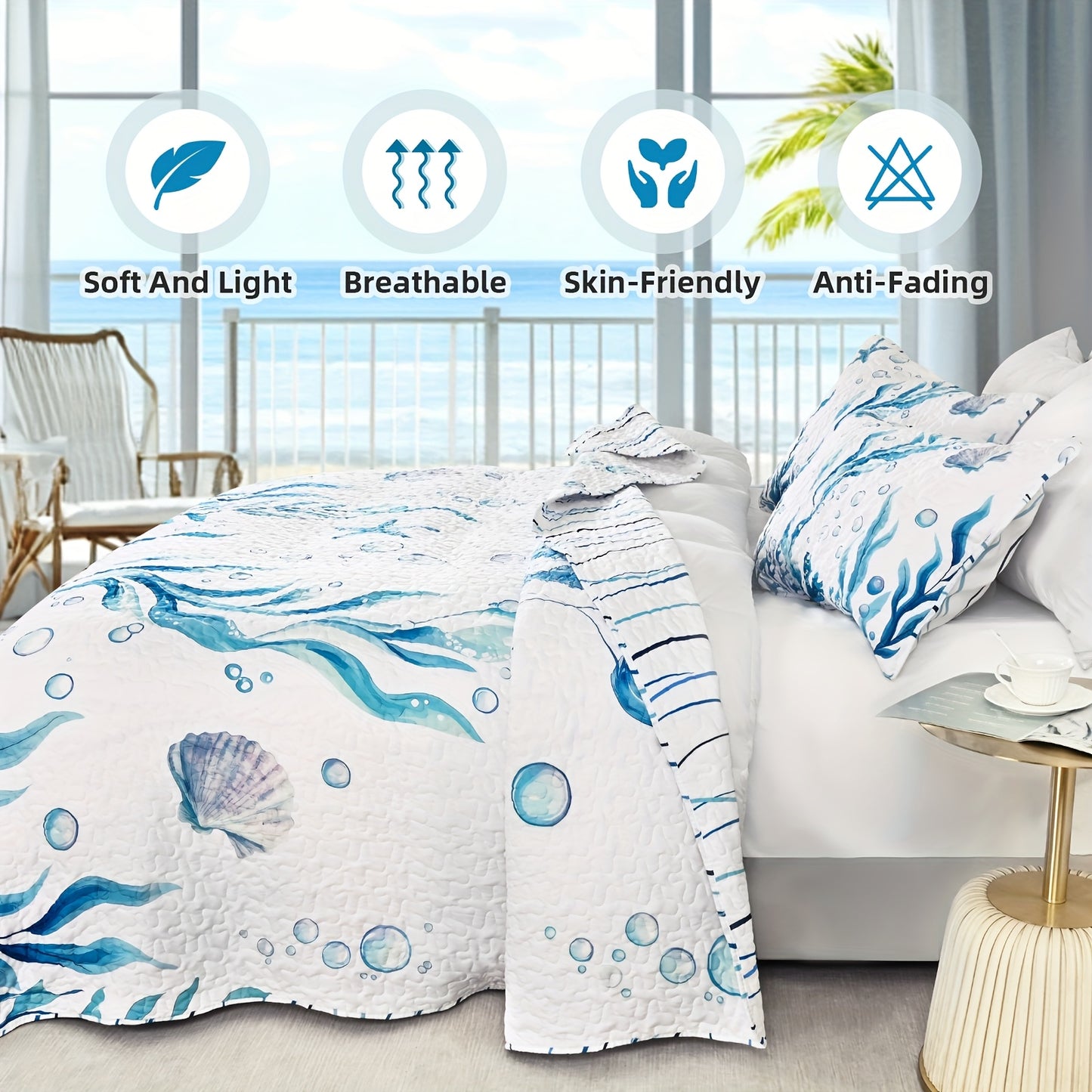 Ocean-Themed Reversible Quilt Set – 3-Piece Queen & King Bedding