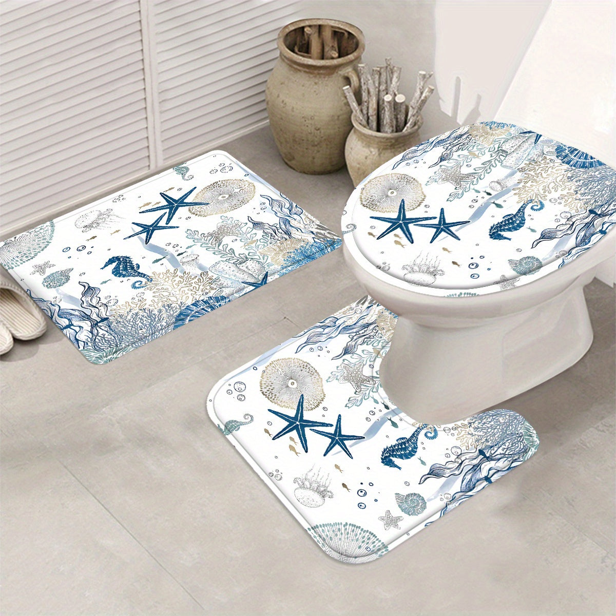 4-Piece Blue & White Marine Life Bath Set – Curtain, Mats & Hooks Included