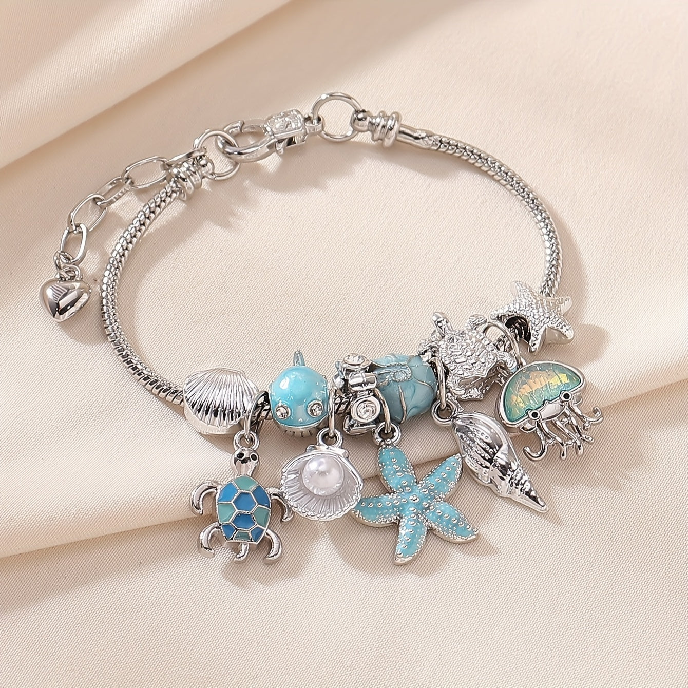 Ocean-Inspired Beaded Pearl & Shell Charm Bracelet – Adjustable