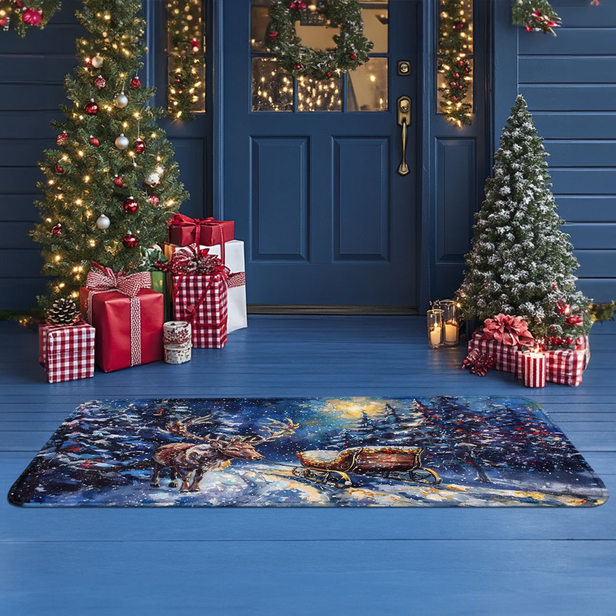 Festive Elk & Sleigh Mats – Non-slip & Machine Washable Indoor/Outdoor, 1.5'x2.5' / 1.5'x4'