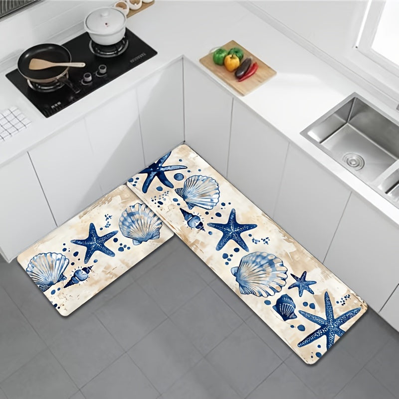 Starfish & Shell Pattern Kitchen Rug – Washable & Durable, 1.5'x2' / 2'x2.5' / 1.5'x4'
