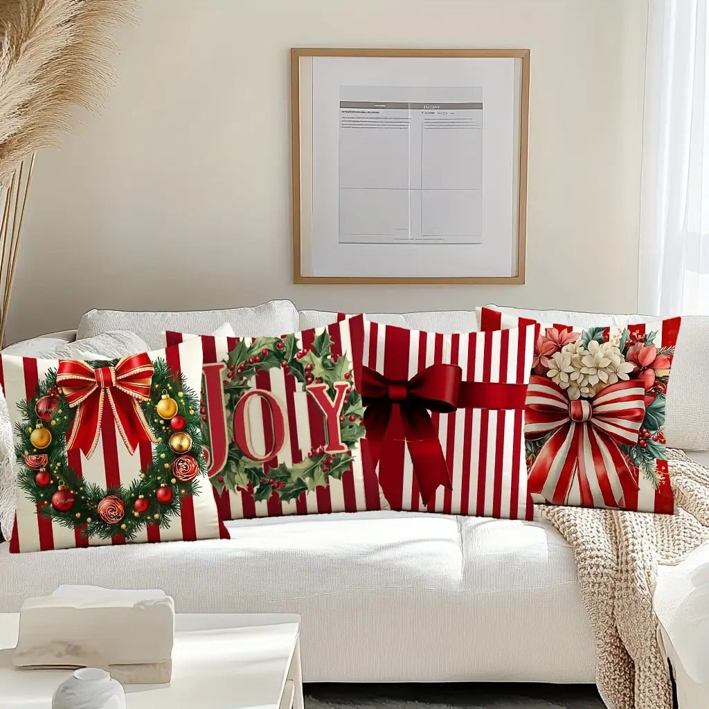 Red & White Striped Christmas Pillow Covers with Ribbon & Joy Design – Festive Holiday Cushion Cases (18x18")