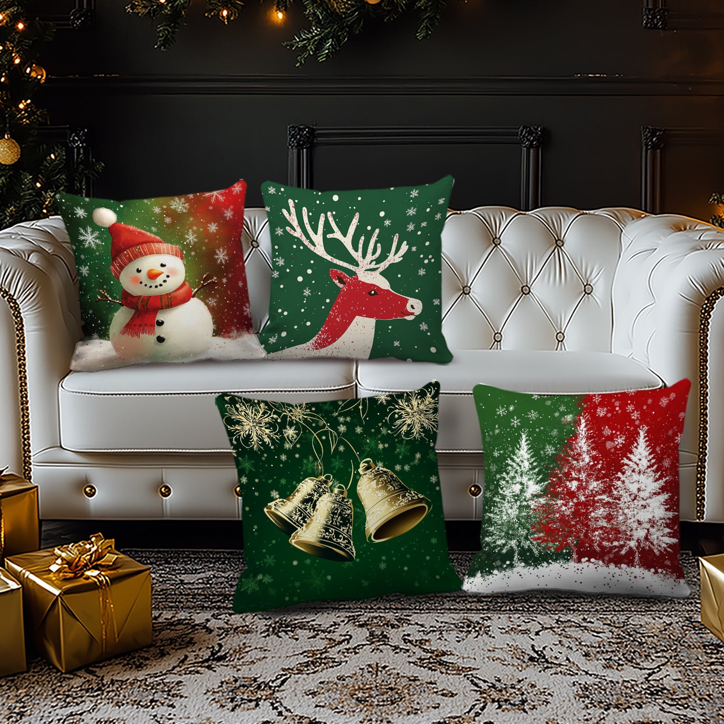 Festive Christmas Pillow Covers – Snowman, Reindeer, Bells & Tree Designs