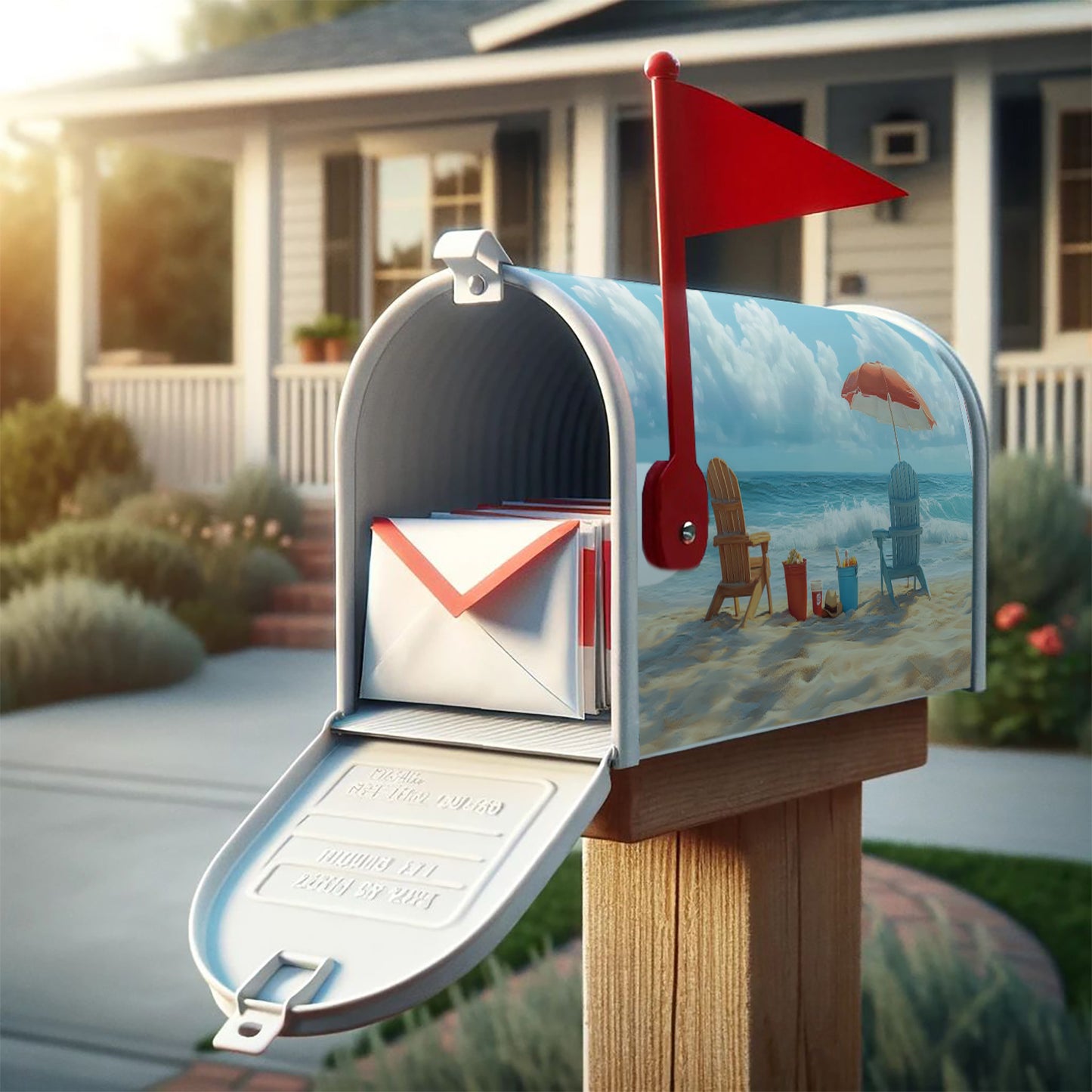 Summer Beach Adirondack Chairs Magnetic Mailbox Cover – Ocean Waves & Umbrella Design (21x18")