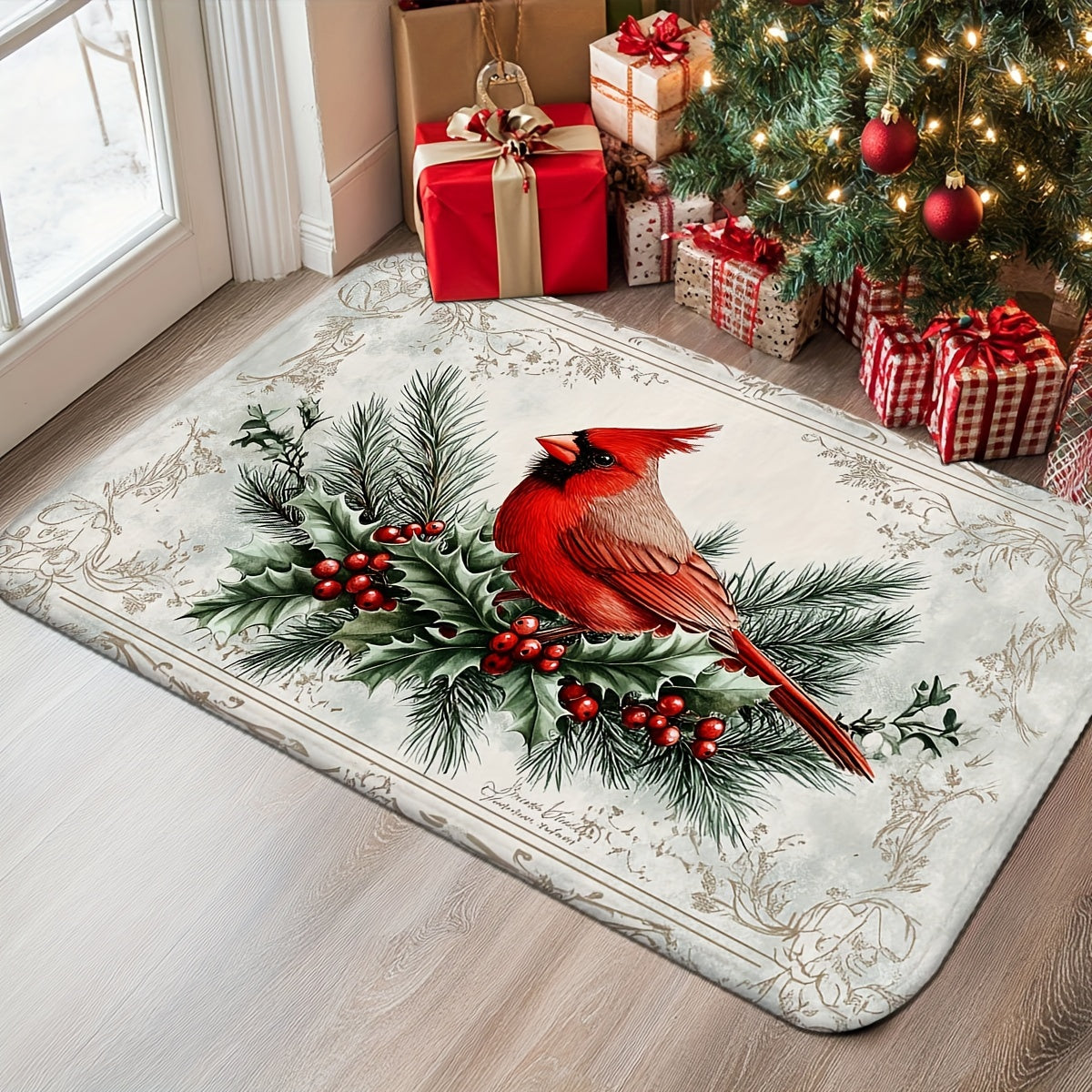 Holiday Cardinal & Pine Branch Doormat – Non-Slip, Machine Washable, 1.5'x2.5' / 1.5'x4'