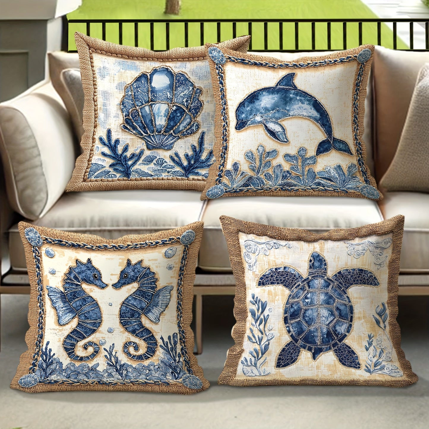 Coastal Outdoor Pillow Covers – Shells, Dolphins, Seahorses & Turtle, 18x18"