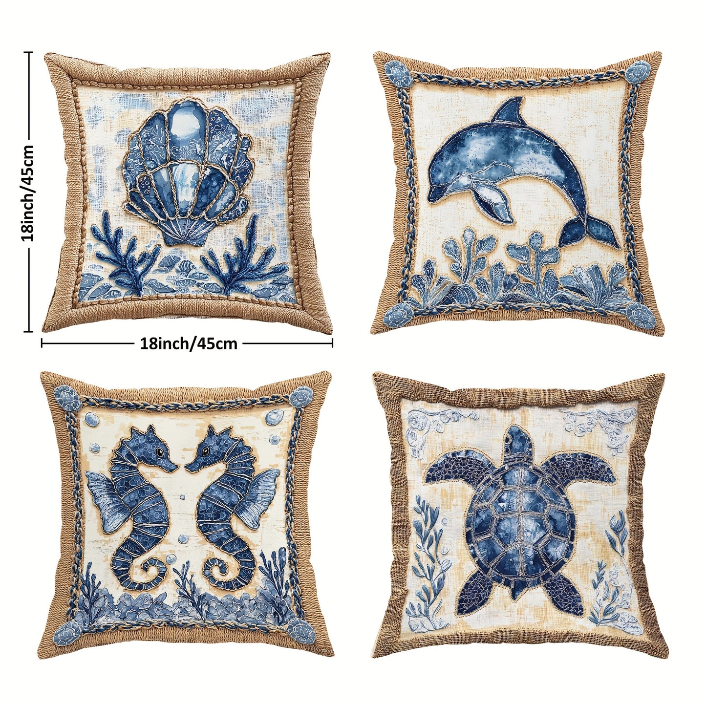 Coastal Outdoor Pillow Covers – Shells, Dolphins, Seahorses & Turtle, 18x18"