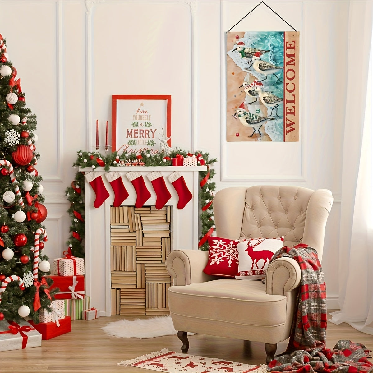 Welcome Christmas Garden Flag – Santa Hat Birds Design, 12x18 Inches