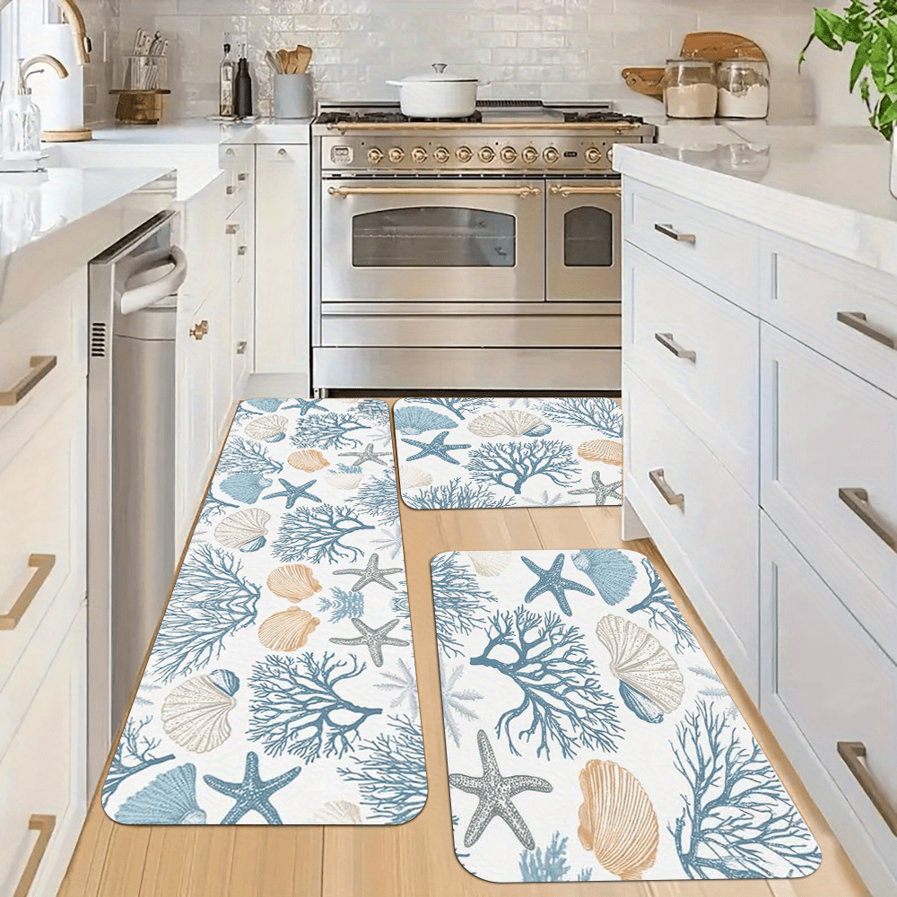 Coral Reef Kitchen Mats – Non-Slip Flannel Floor Mats with Starfish & Seashell Design, 1.5'x2' / 2'x2.5' / 1.5'x4'