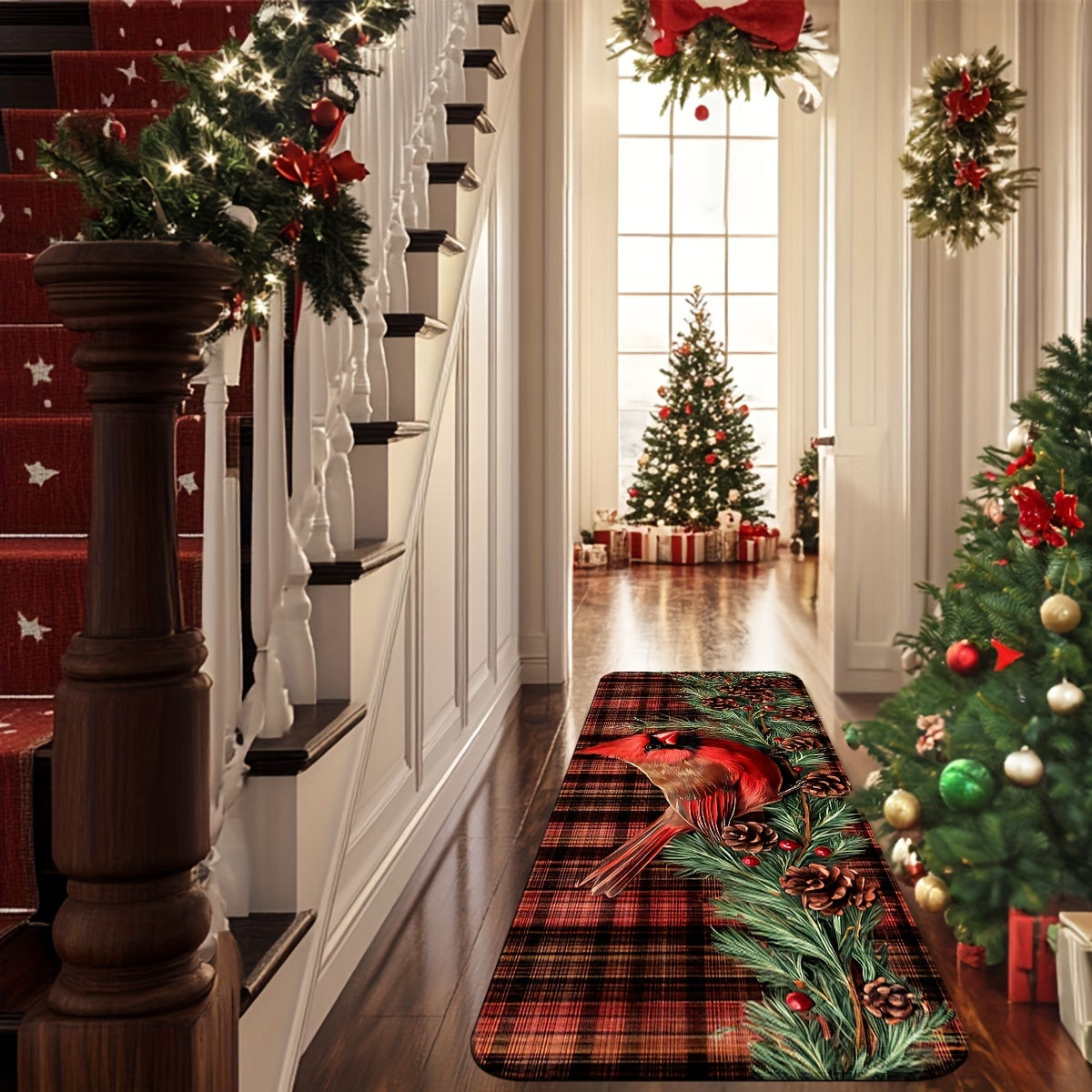 Holiday Red Cardinal Floor Mat – Pine Cones & Holly Berries on Red Plaid, 1.5'x2.5' / 1.5'x4'