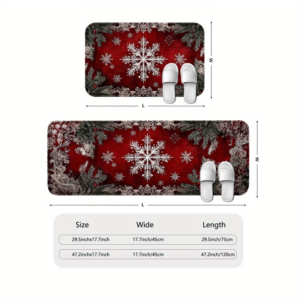 Snowflakes & Pine Branches Kitchen Mats – Non-Slip Machine Washable, 1.5'x2.5' / 1.5'x4'