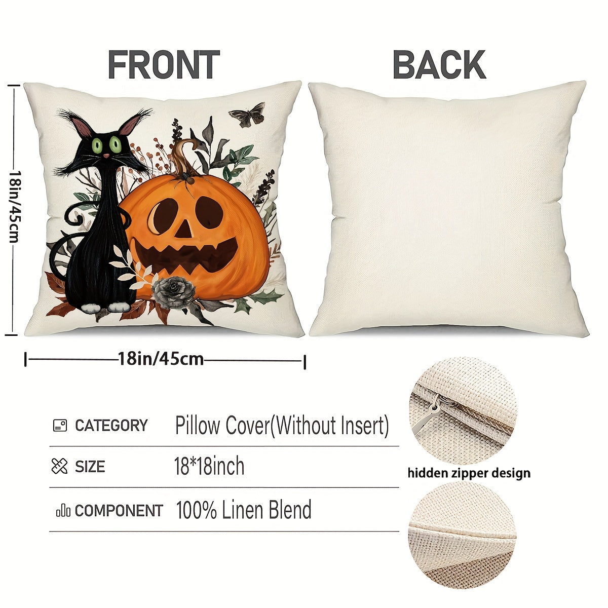 Halloween Cat & Pumpkin Throw Pillow Covers – 18x18" Orange & Black