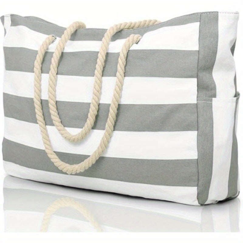 Gray and White Striped Lightweight Foldable Beach Tote