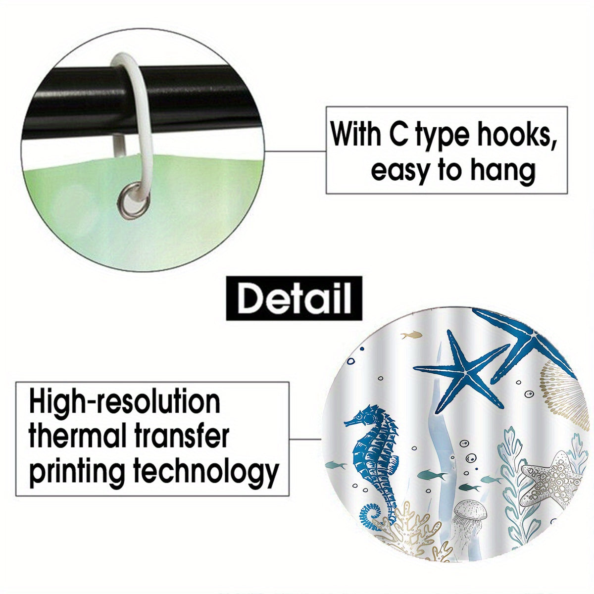 4-Piece Blue & White Marine Life Bath Set – Curtain, Mats & Hooks Included