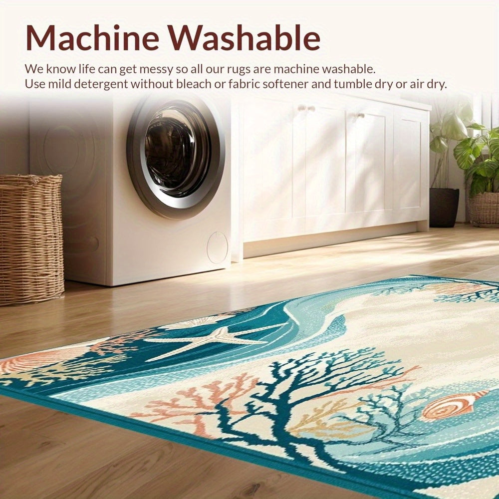 Starfish, Seashell & Ocean Wave Design Area Rug - Machine Washable, 5'x7'