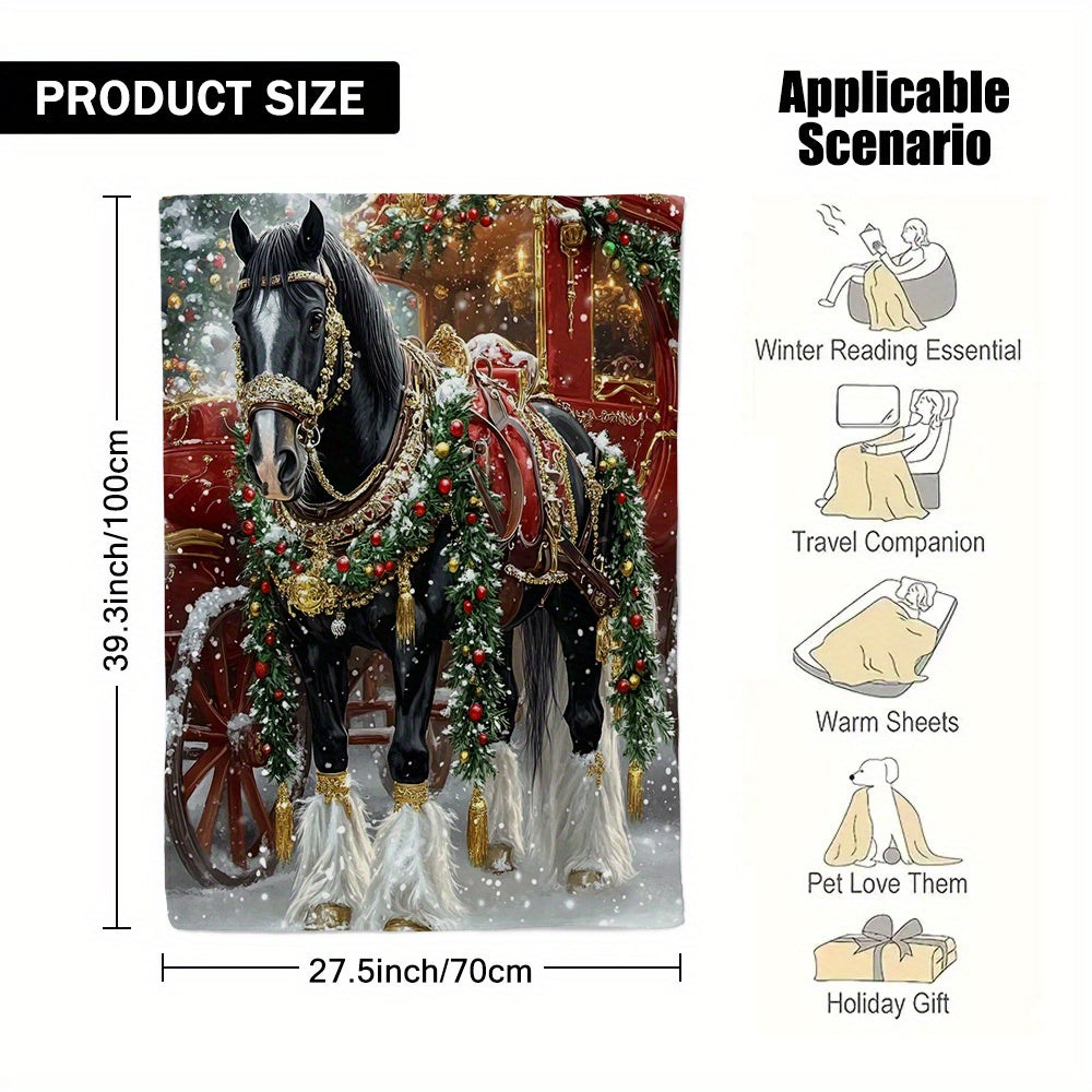 Soft Holiday Horse Throw Blanket – Black Horse with Golden Bridle, 51x59 Inches