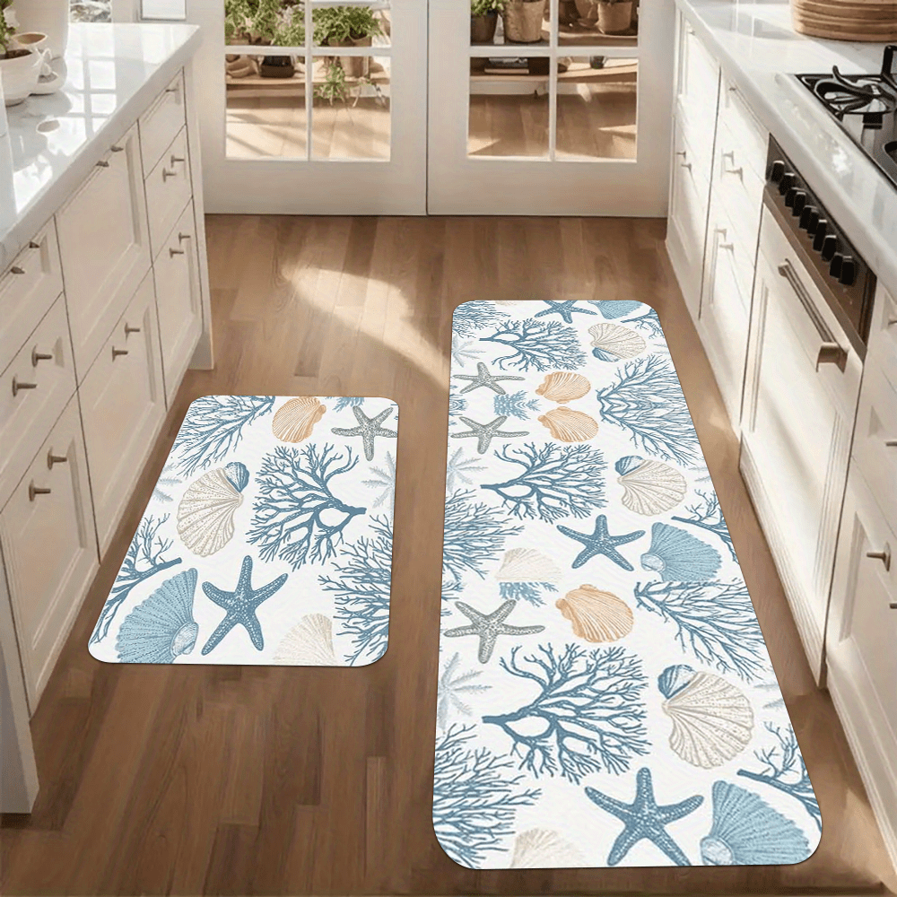 Coral Reef Kitchen Mats – Non-Slip Flannel Floor Mats with Starfish & Seashell Design, 1.5'x2' / 2'x2.5' / 1.5'x4'