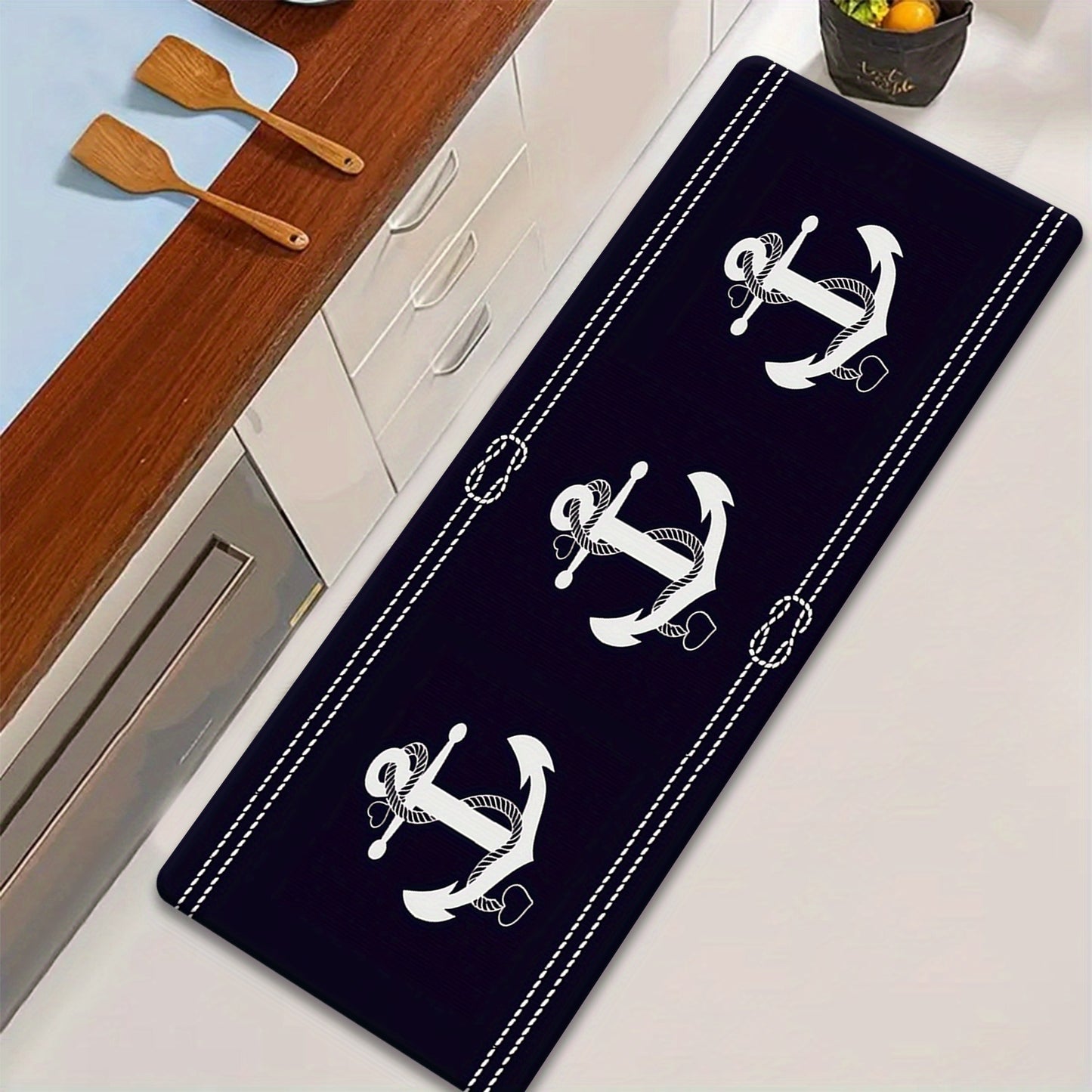 Navy Blue Nautical Anchor Runner Mat – Soft Flannel, Non-Slip, Machine Washable, 5'x1.5'